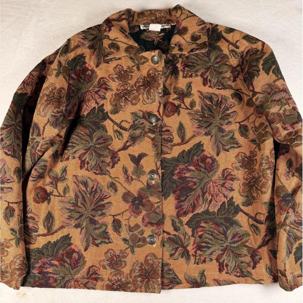 Norm Thompson Jacket Womens Medium Beige Floral‎ Cotton Button Front Tapestry